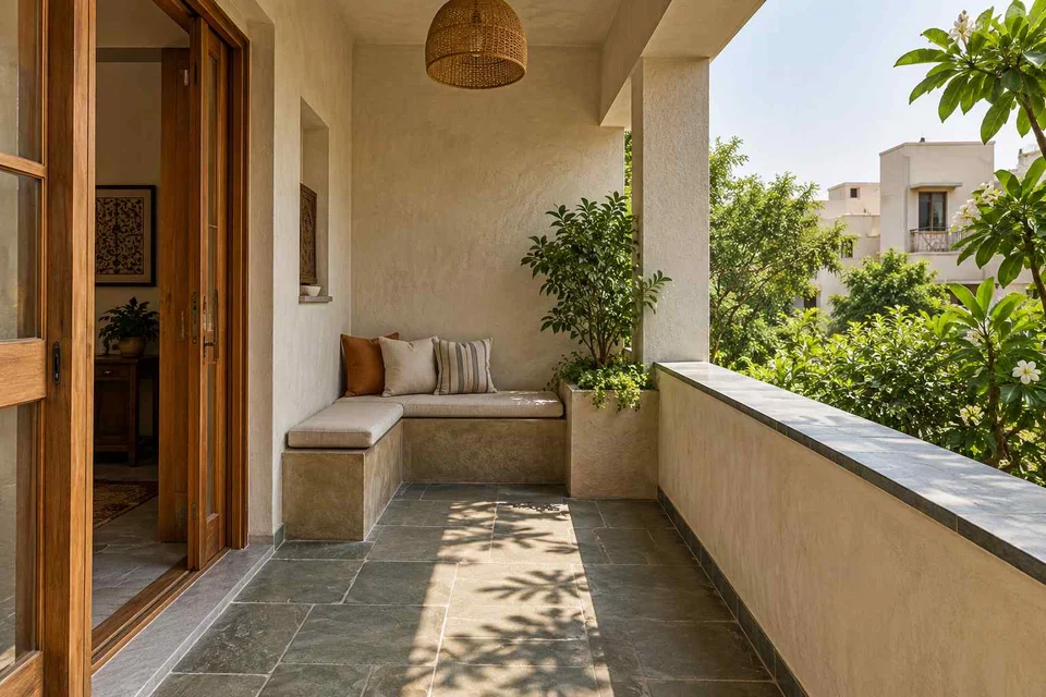 AI-generated outdoor concept: balcony bench nook, courtyard modern direction