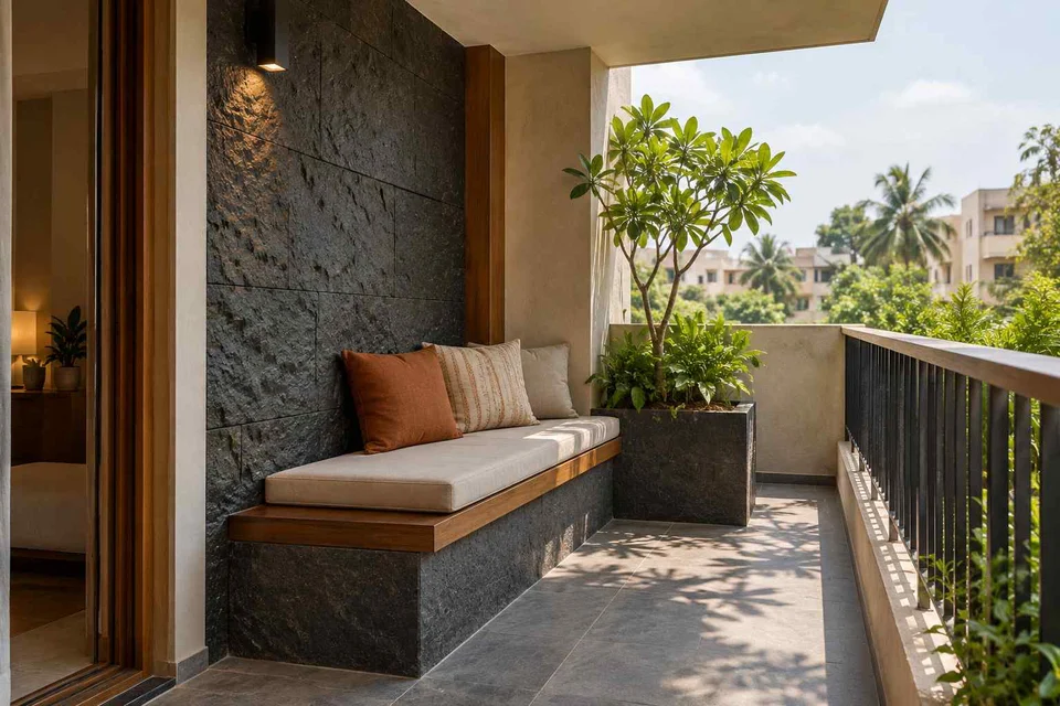 AI-generated outdoor concept: balcony bench nook, deccan stone direction