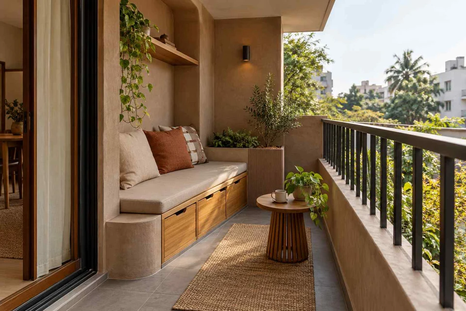 AI-generated outdoor concept: balcony bench nook, earth and bamboo direction