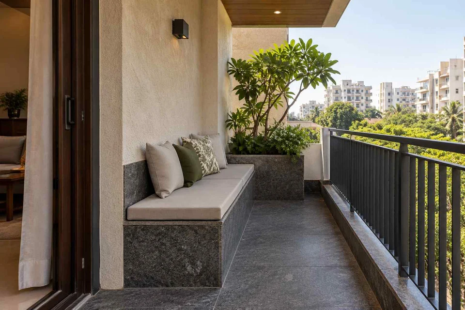 AI-generated outdoor concept: balcony bench nook, granite precision direction