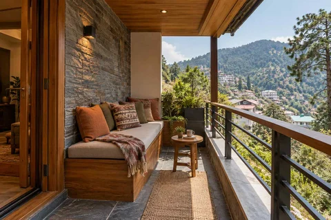 AI-generated outdoor concept: balcony bench nook, hill timber direction
