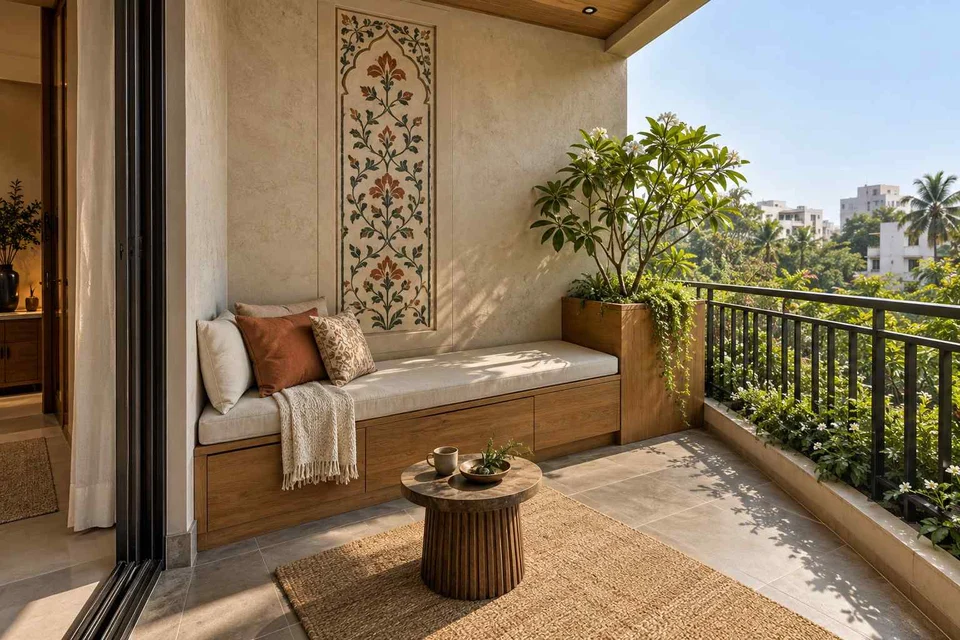 AI-generated outdoor concept: balcony bench nook, inlay atelier direction