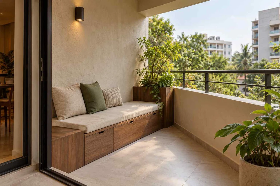 AI-generated outdoor concept: balcony bench nook, lime and walnut direction