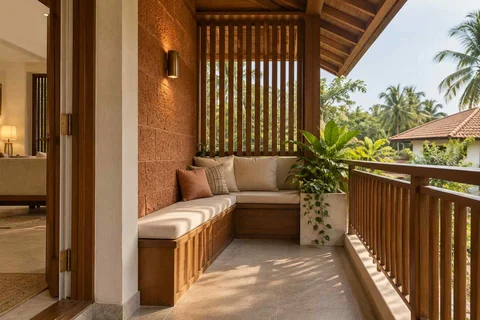 AI-generated outdoor concept: balcony bench nook, malabar timber direction