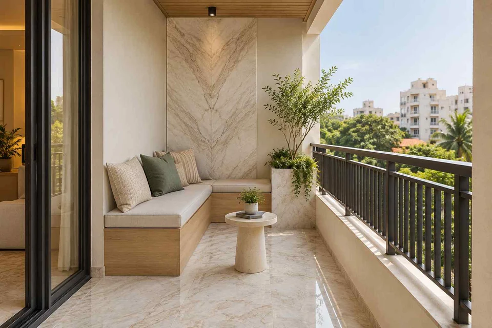 AI-generated outdoor concept: balcony bench nook, marble restraint direction