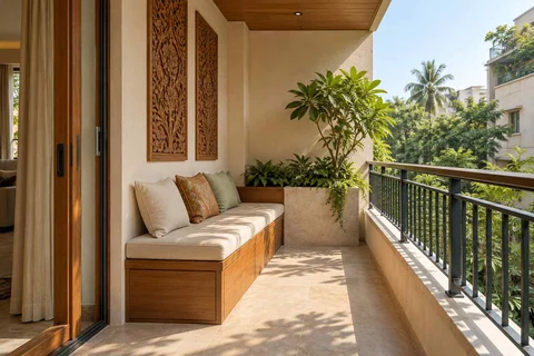AI-generated outdoor concept: balcony bench nook, modern carved direction