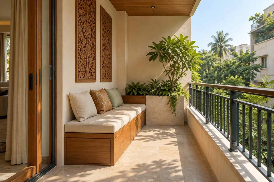AI-generated outdoor concept: balcony bench nook, modern carved direction