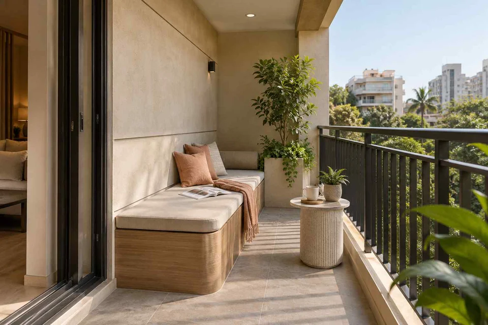 AI-generated outdoor concept: balcony bench nook, quiet contemporary direction