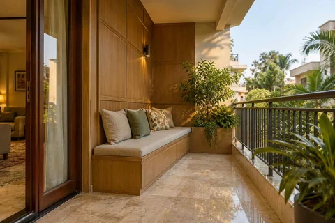 AI-generated outdoor concept: balcony bench nook, quiet transitional direction