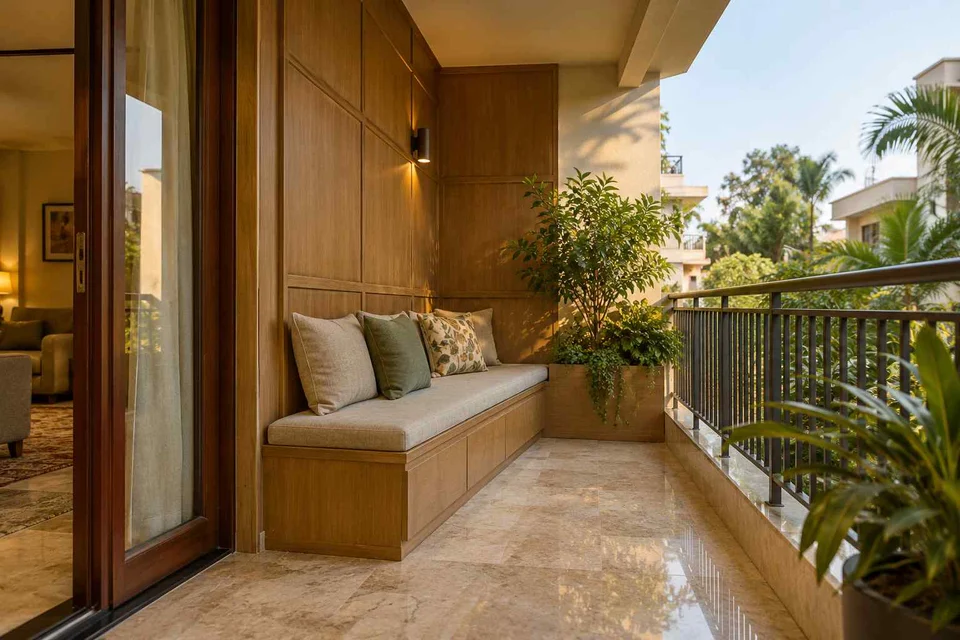 AI-generated outdoor concept: balcony bench nook, quiet transitional direction
