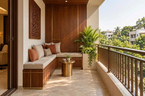 AI-generated outdoor concept: balcony bench nook, rosewood brass direction