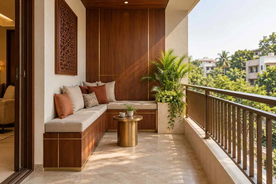 AI-generated outdoor concept: balcony bench nook, rosewood brass direction