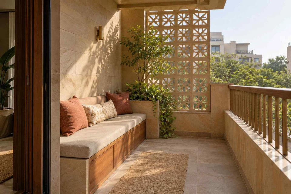AI-generated outdoor concept: balcony bench nook, sandstone lattice direction