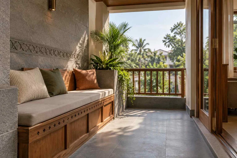 AI-generated outdoor concept: balcony bench nook, teak craft direction