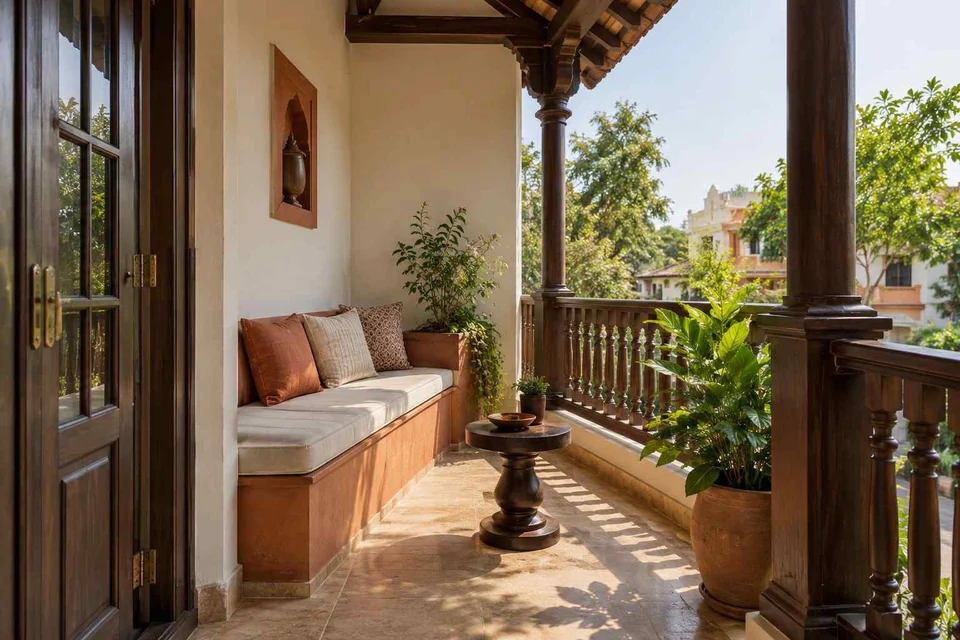 AI-generated outdoor concept: balcony bench nook, terracotta heritage direction