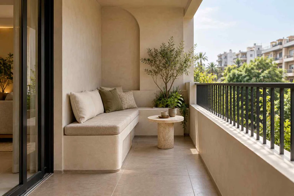AI-generated outdoor concept: balcony bench nook, textured mineral direction