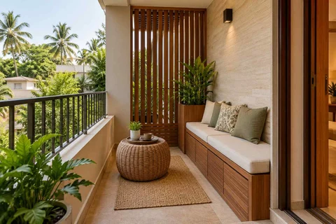 AI-generated outdoor concept: balcony bench nook, tropical slatted direction
