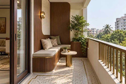AI-generated outdoor concept: balcony bench nook, urban deco direction