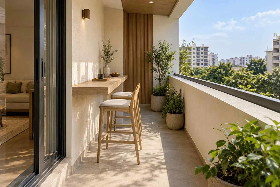 AI-generated outdoor concept: balcony dining ledge, ash and linen direction