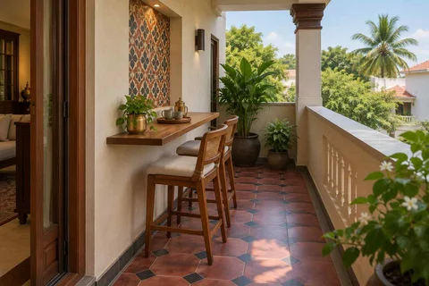AI-generated outdoor concept: balcony dining ledge, chettinad tile direction