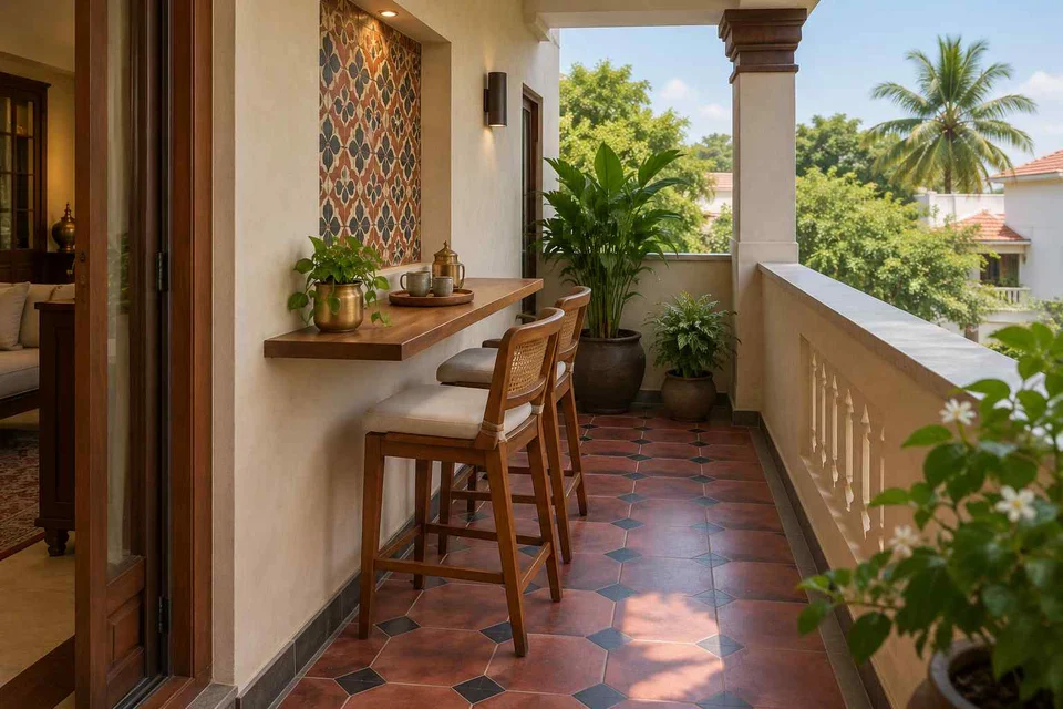 AI-generated outdoor concept: balcony dining ledge, chettinad tile direction