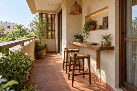 AI-generated outdoor concept: balcony dining ledge, clay artisan direction