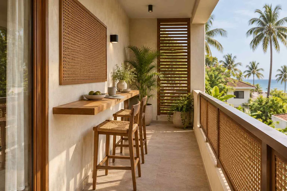 AI-generated outdoor concept: balcony dining ledge, coastal woven direction