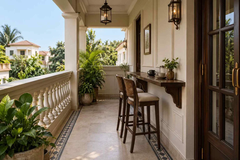 AI-generated outdoor concept: balcony dining ledge, colonial quiet direction