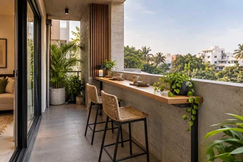 AI-generated outdoor concept: balcony dining ledge, concrete and oak direction