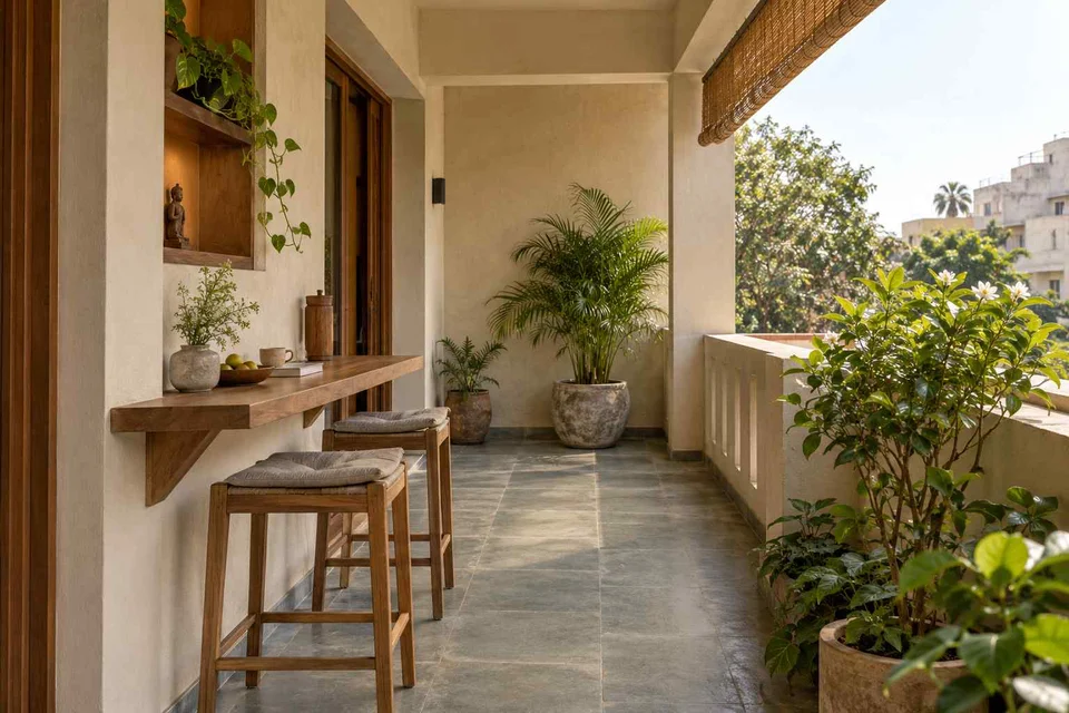 AI-generated outdoor concept: balcony dining ledge, courtyard modern direction