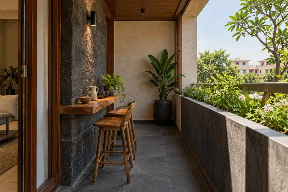 AI-generated outdoor concept: balcony dining ledge, deccan stone direction
