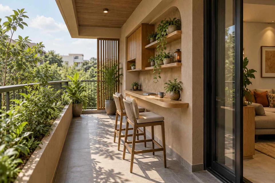AI-generated outdoor concept: balcony dining ledge, earth and bamboo direction