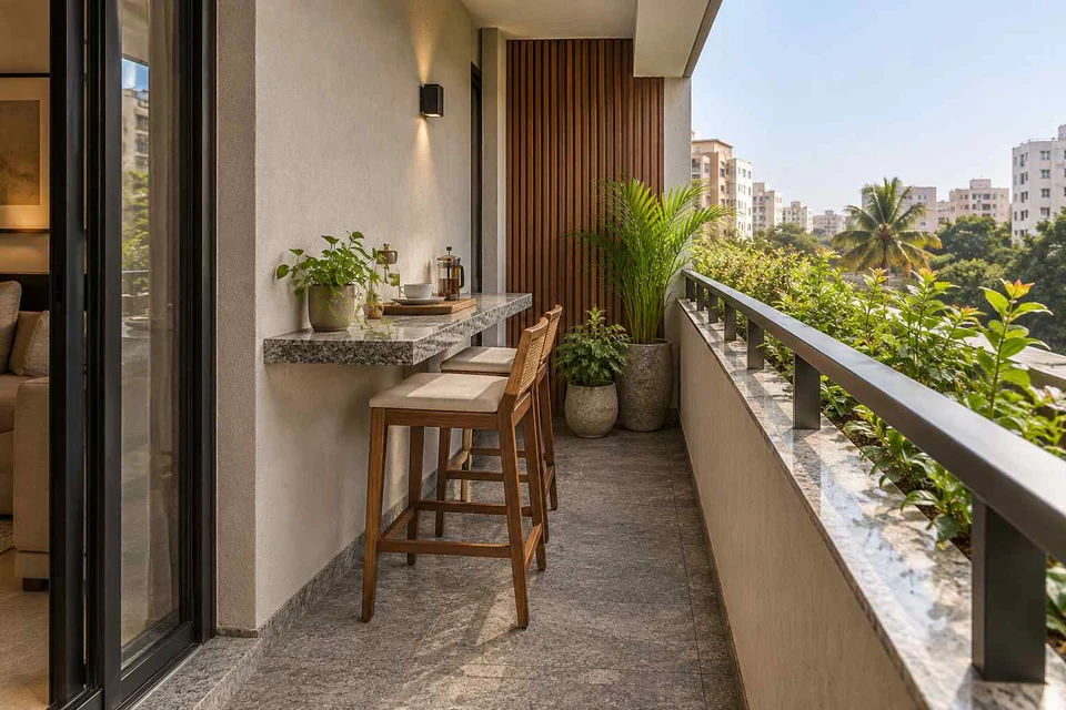 AI-generated outdoor concept: balcony dining ledge, granite precision direction