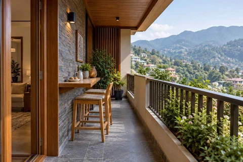 AI-generated outdoor concept: balcony dining ledge, hill timber direction