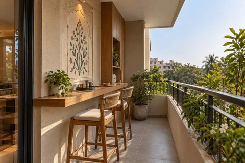 AI-generated outdoor concept: balcony dining ledge, inlay atelier direction