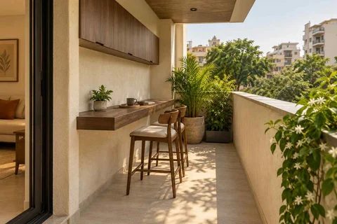 AI-generated outdoor concept: balcony dining ledge, lime and walnut direction