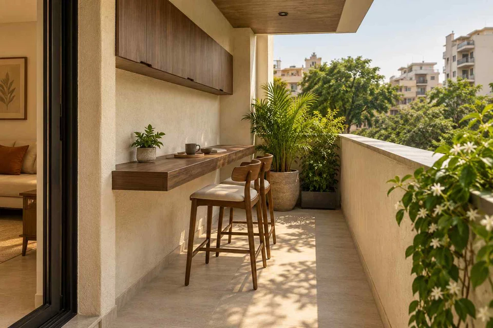 AI-generated outdoor concept: balcony dining ledge, lime and walnut direction