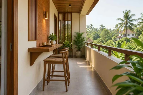 AI-generated outdoor concept: balcony dining ledge, malabar timber direction
