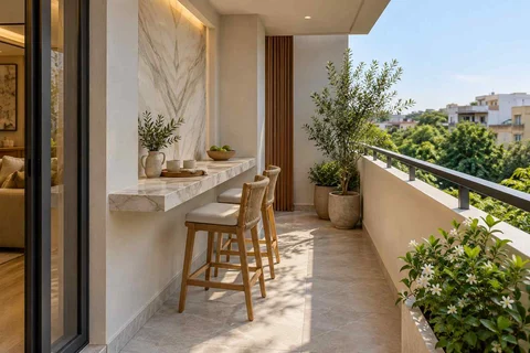 AI-generated outdoor concept: balcony dining ledge, marble restraint direction