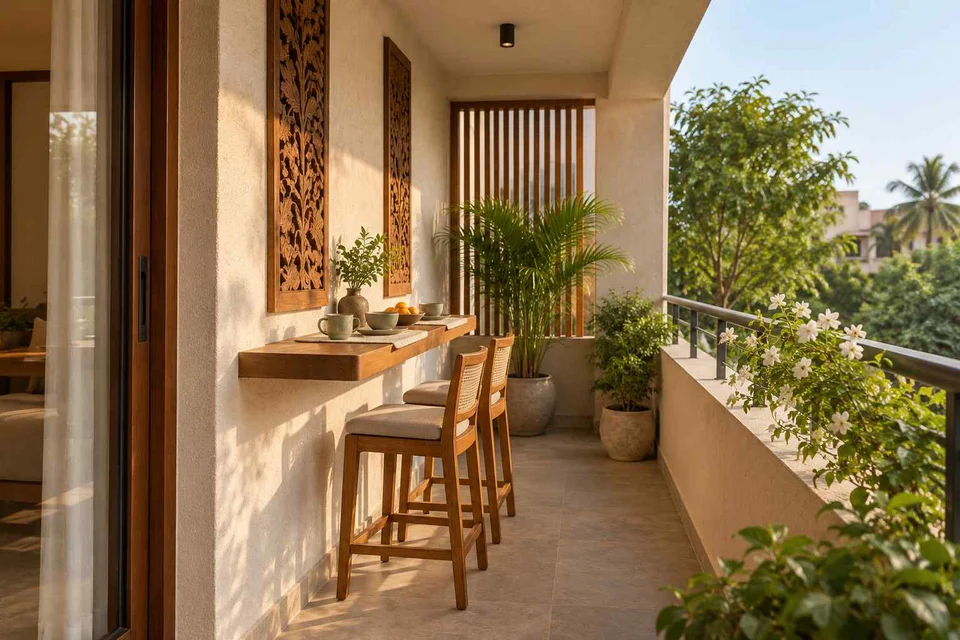AI-generated outdoor concept: balcony dining ledge, modern carved direction