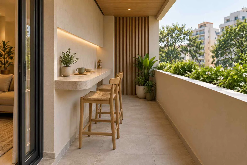 AI-generated outdoor concept: balcony dining ledge, quiet contemporary direction