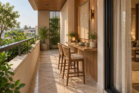 AI-generated outdoor concept: balcony dining ledge, quiet transitional direction
