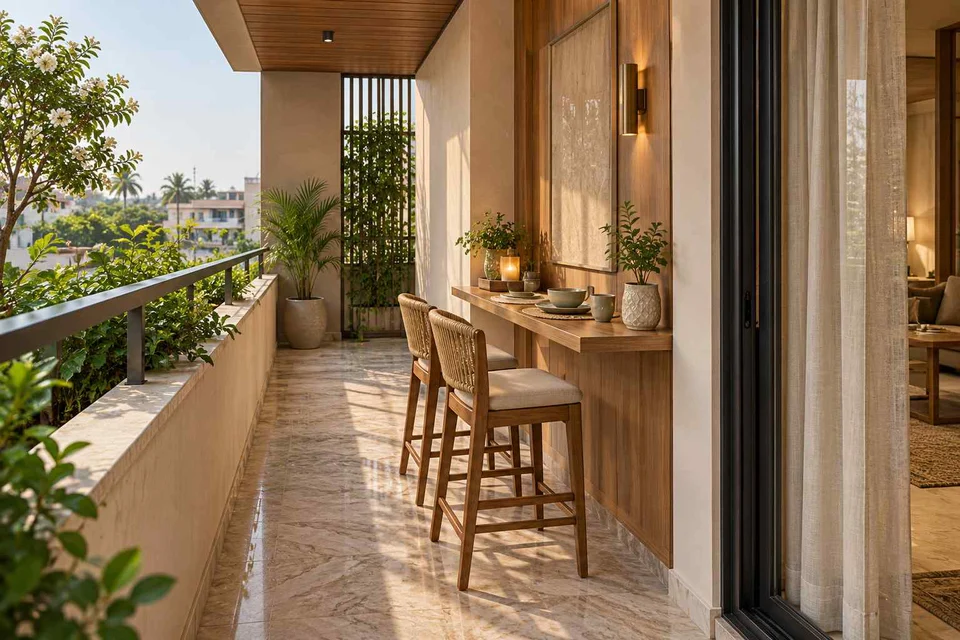 AI-generated outdoor concept: balcony dining ledge, quiet transitional direction