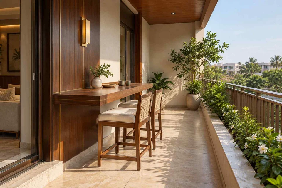 AI-generated outdoor concept: balcony dining ledge, rosewood brass direction