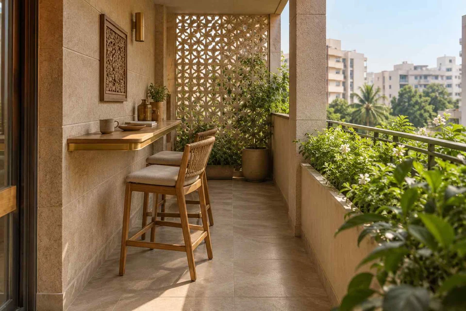 AI-generated outdoor concept: balcony dining ledge, sandstone lattice direction