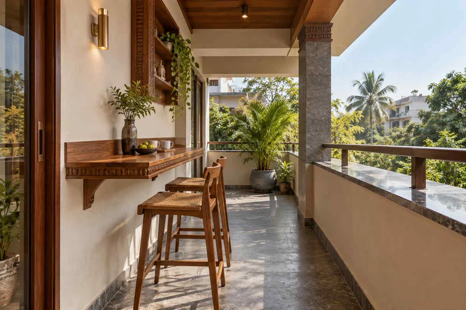 AI-generated outdoor concept: balcony dining ledge, teak craft direction