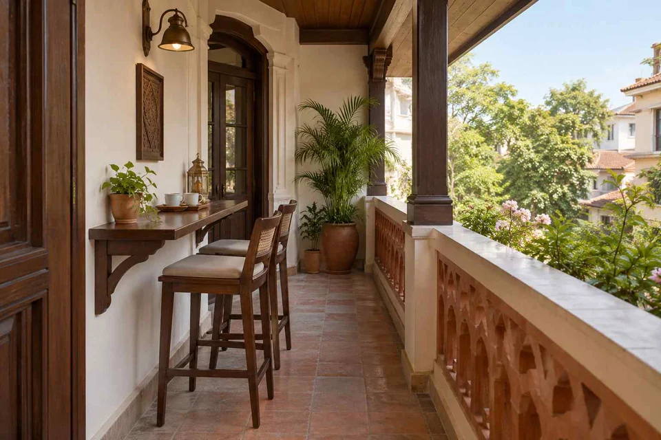 AI-generated outdoor concept: balcony dining ledge, terracotta heritage direction