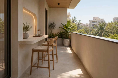 AI-generated outdoor concept: balcony dining ledge, textured mineral direction