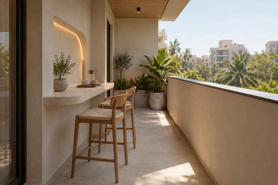AI-generated outdoor concept: balcony dining ledge, textured mineral direction