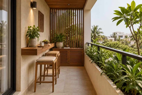 AI-generated outdoor concept: balcony dining ledge, tropical slatted direction